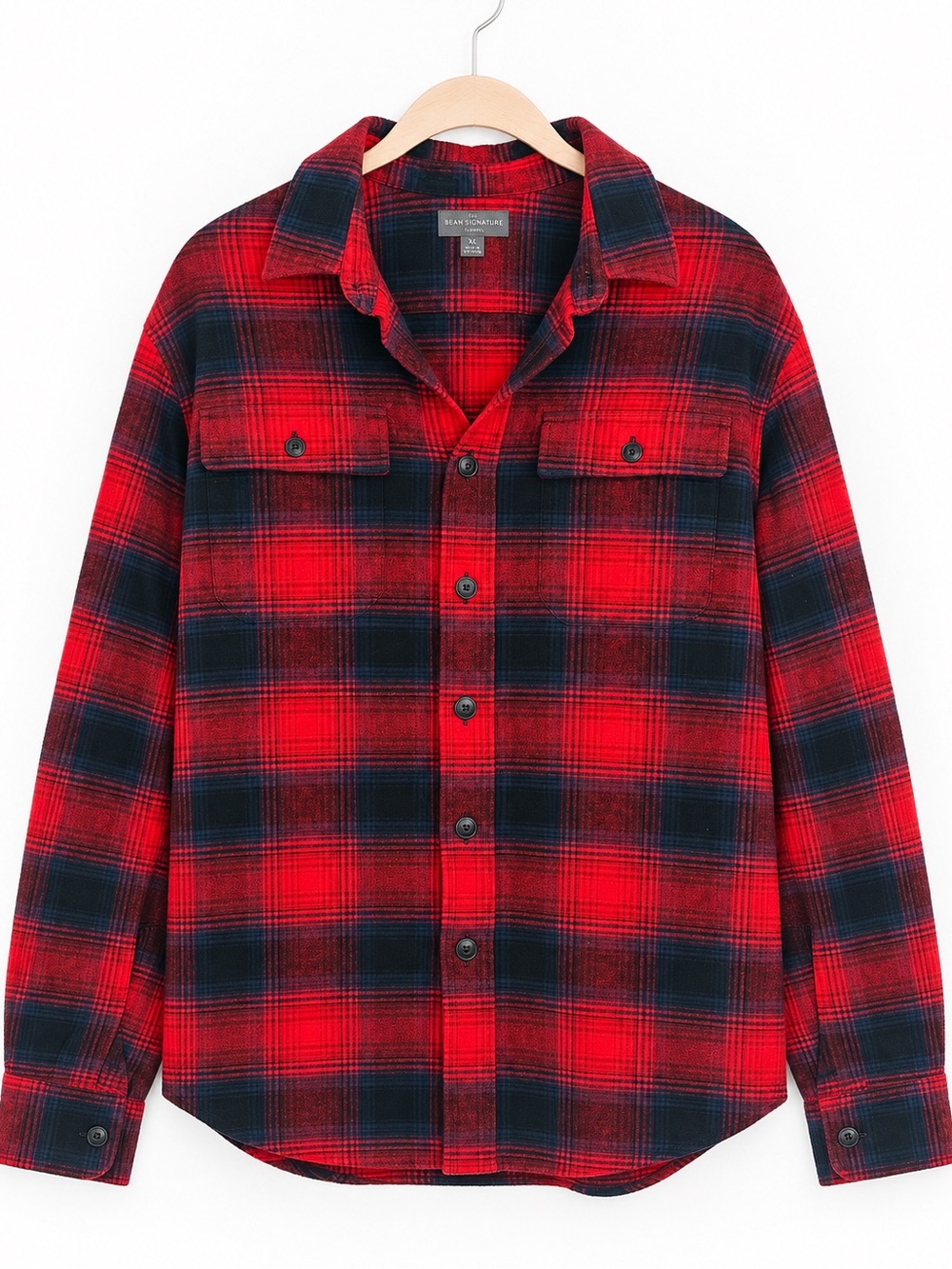 L.L.Bean Signature Archive Plaid Flannel Shirt Large Red Navy 100% Cotton